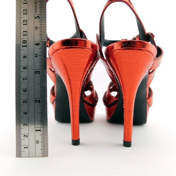 New YSL SAINT LAURENT Red Metallic Shimmer Leather T-Strap Heel Sandals 36 - Picture 7 of 9